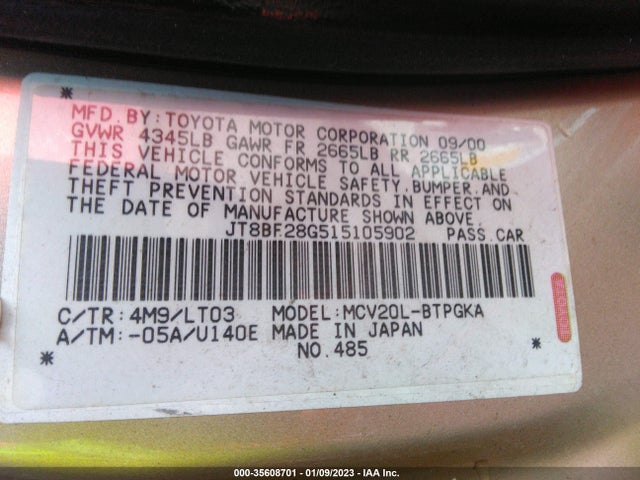 Lexus ES 300 2001 JT8BF28G515105902 Image 10