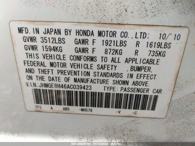 2010 HONDA FIT SPORT VIN: JHMGE8H46AC039423
