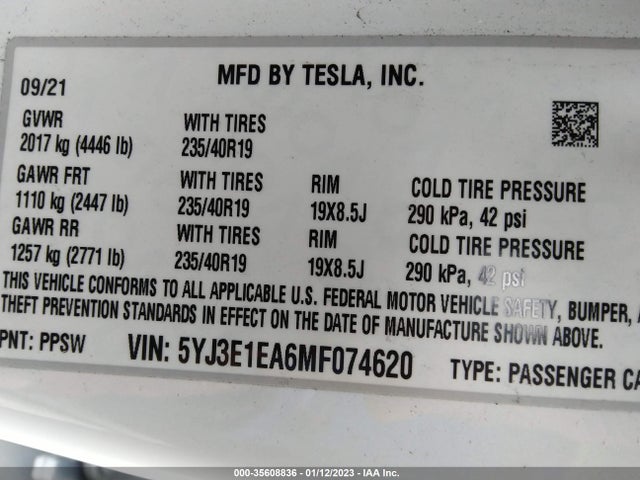 Tesla MODEL 3 2021 5YJ3E1EA6MF074620 Image 9