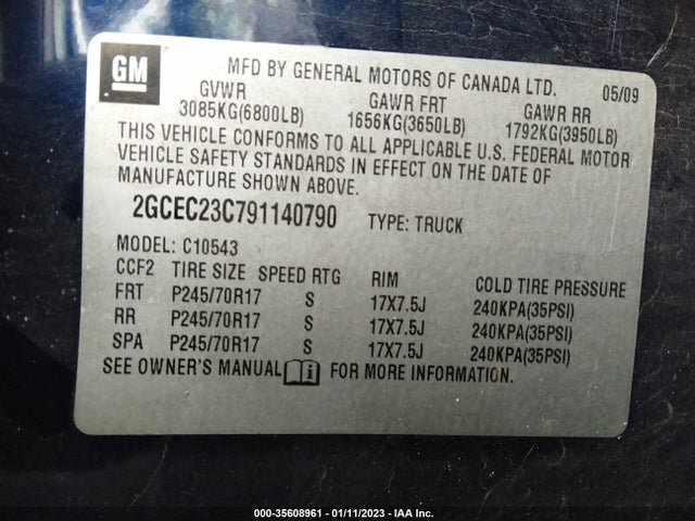 2009 CHEVROLET SILVERADO 1500 LT VIN: 2GCEC23C791140790