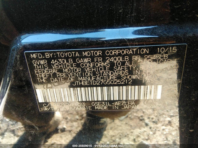 2016 Lexus IS, VIN: JTHBE1D27G5025212