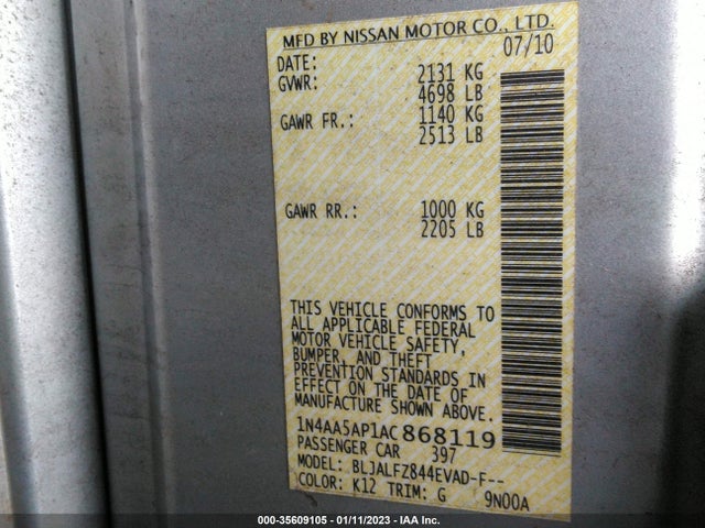 2010 NISSAN MAXIMA 3.5 SV VIN: 1N4AA5AP1AC868119