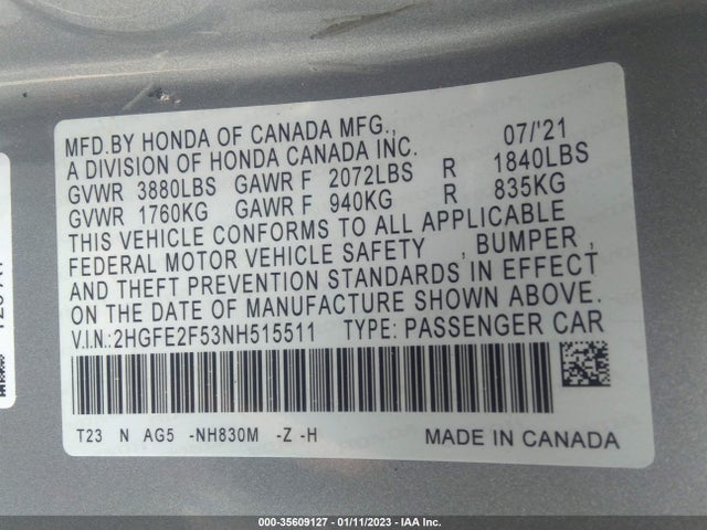 2022 Honda Civic, VIN: 2HGFE2F53NH515511