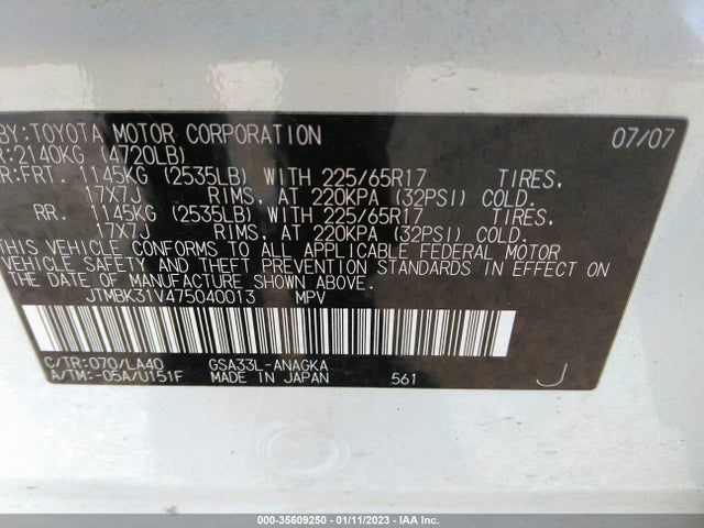 2007 TOYOTA RAV4 LIMITED VIN: JTMBK31V475040013
