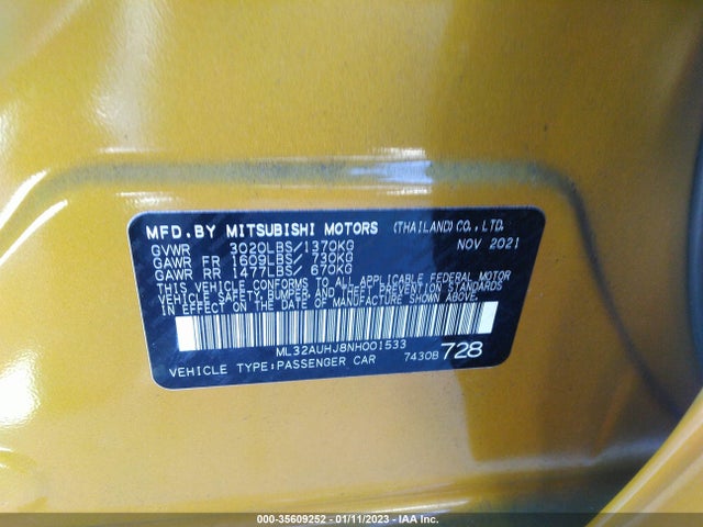 2022 Mitsubishi Mirage, VIN: ML32AUHJ8NH001533