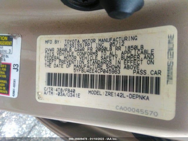 2012 TOYOTA COROLLA L/LE/S VIN: 5YFBU4EE4CP045963