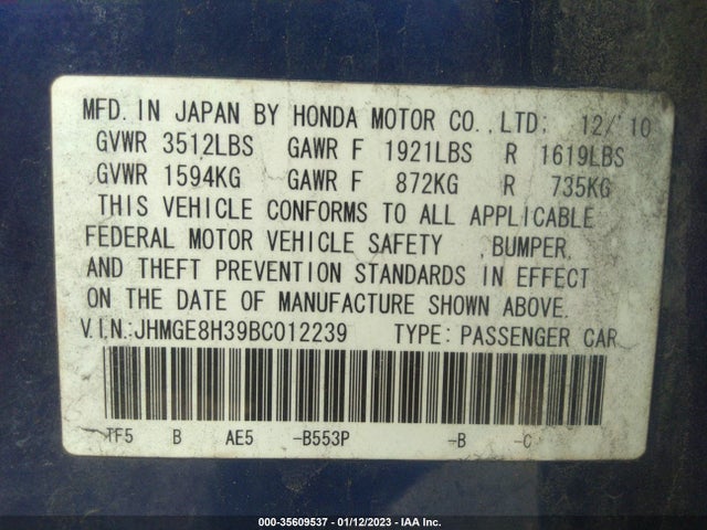2011 HONDA FIT VIN: JHMGE8H39BC012239