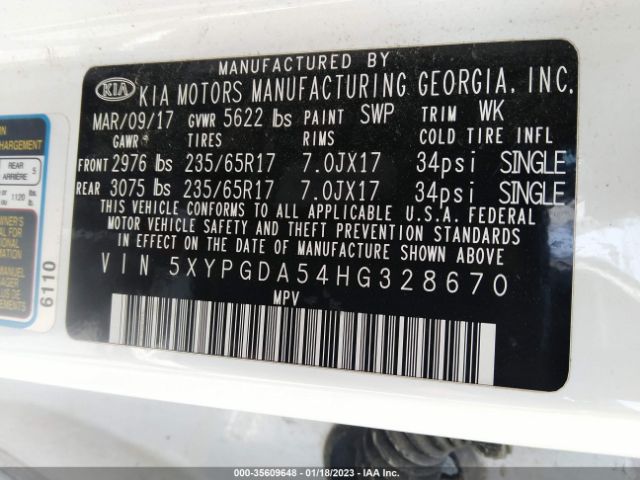 5XYPGDA54HG328670 KIA Sorento Lx V6