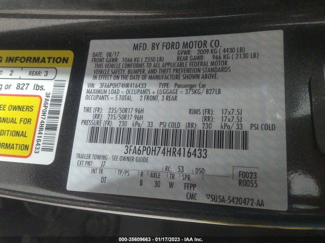 Ford FUSION SE 2017 3FA6P0H74HR416433 Image 9