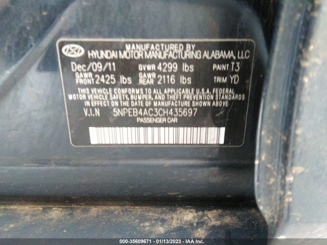 2012 HYUNDAI SONATA GLS VIN: 5NPEB4AC3CH435697