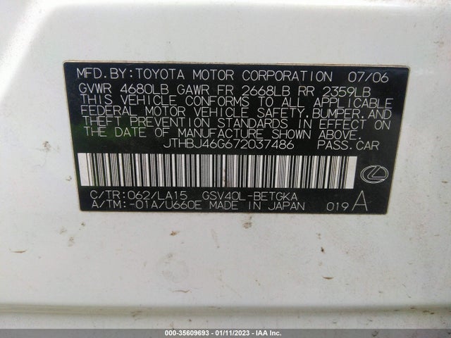 2007 LEXUS ES 350 VIN: JTHBJ46G672037486