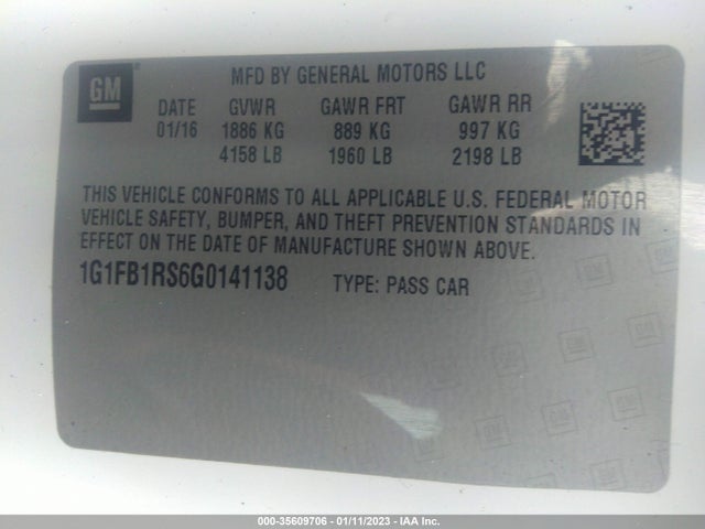 2016 Chevrolet Camaro, VIN: 1G1FB1RS6G0141138
