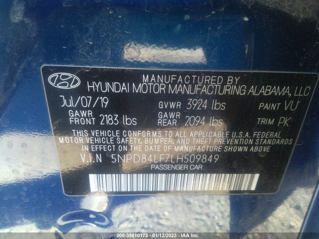 2020 HYUNDAI ELANTRA SEL VIN: 5NPD84LF7LH509849