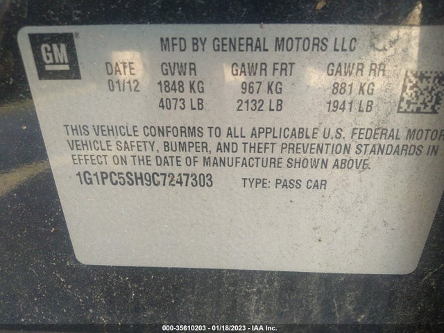 2012 CHEVROLET CRUZE LS VIN: 1G1PC5SH9C7247303