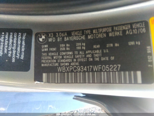 2007 BMW X3 3.0SI VIN: WBXPC93417WF05227