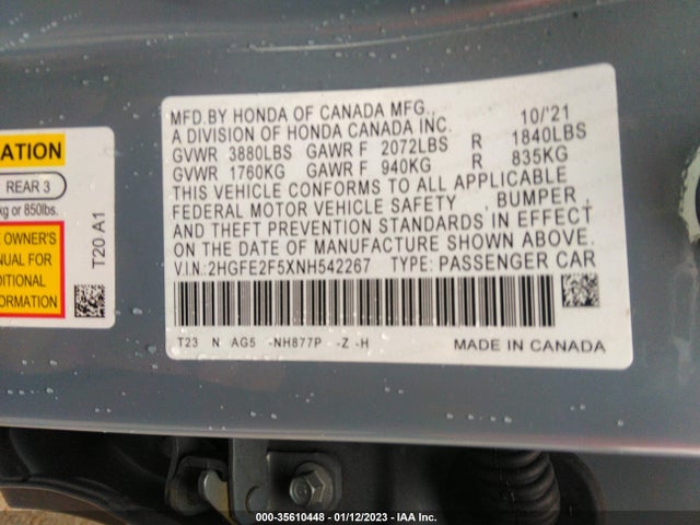 2022 HONDA CIVIC SEDAN SPORT VIN: 2HGFE2F5XNH542267