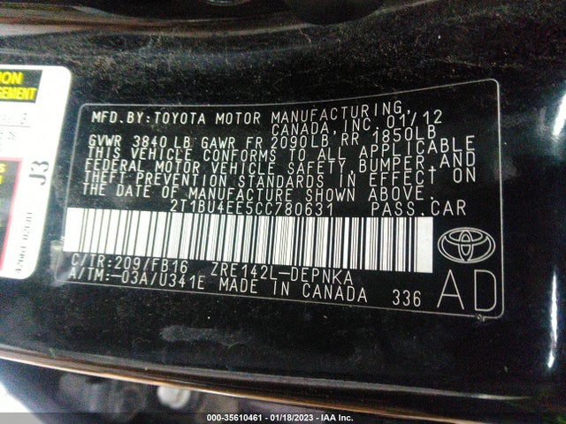 2012 TOYOTA COROLLA L/LE/S VIN: 2T1BU4EE5CC780631