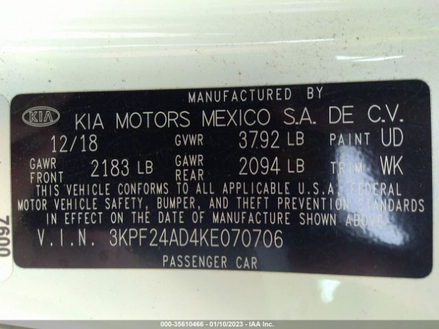 3KPF24AD4KE070706 KIA FORTE FE