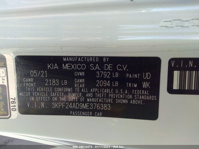 2021 KIA FORTE LXS VIN: 3KPF24AD9ME376383
