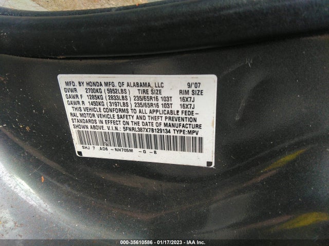 2007 HONDA ODYSSEY EX-L VIN: 5FNRL387X7B129134