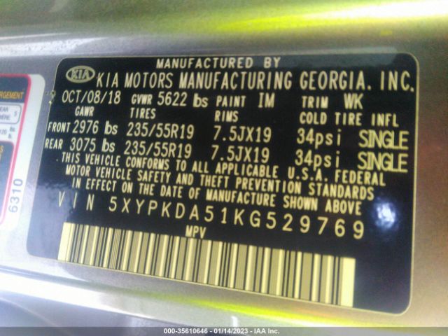 5XYPKDA51KG529769 KIA Sorento Sx V6