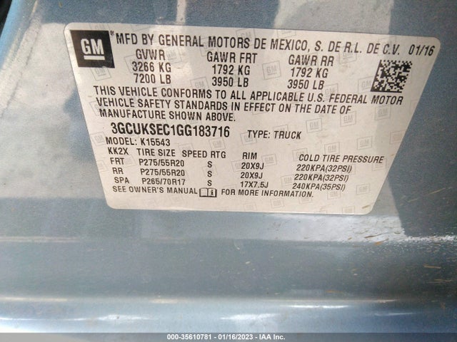 2016 CHEVROLET SILVERADO 1500 LTZ VIN: 3GCUKSEC1GG183716