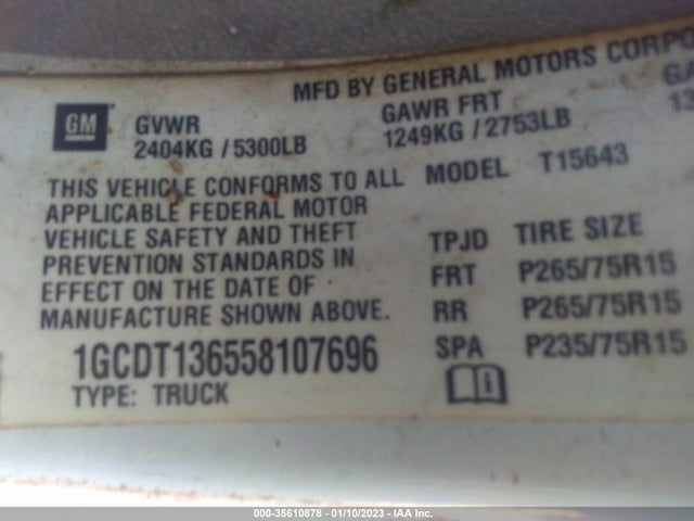 2005 CHEVROLET COLORADO 1SF LS Z71 VIN: 1GCDT136558107696
