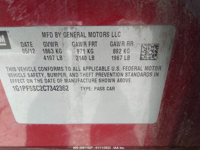 2012 CHEVROLET CRUZE LT W/1LT VIN: 1G1PF5SC2C7342362