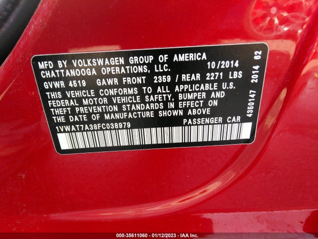 1VWAT7A38FC038979 Volkswagen Passat 1.8t Wolfsburg Ed