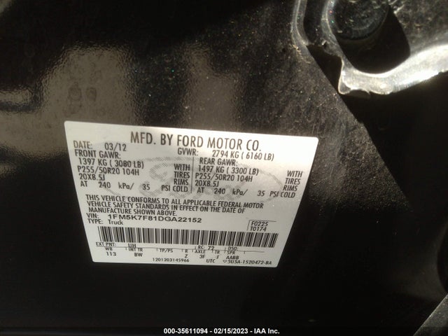 2013 FORD EXPLORER LIMITED VIN: 1FM5K7F81DGA22152
