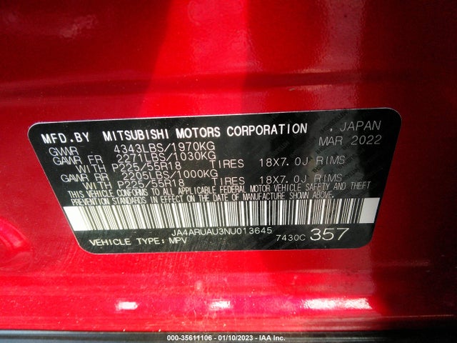JA4ARUAU3NU013645 Mitsubishi Outlander Sport Es/le/se