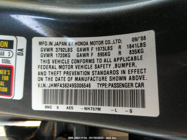 2009 HONDA CIVIC HYBRID VIN: JHMFA36249S006546