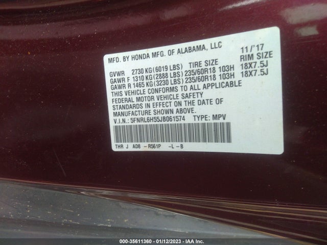 2018 HONDA ODYSSEY EX VIN: 5FNRL6H55JB061574