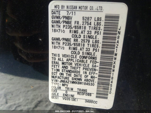 2011 NISSAN MURANO SV VIN: JN8AZ1MWXBW184530