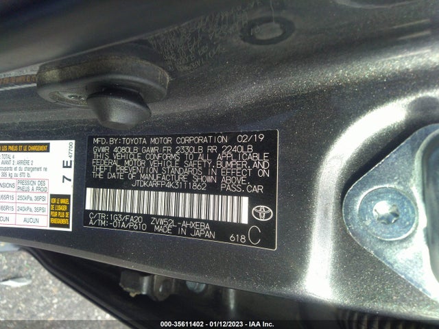 2019 Toyota Prius, VIN: JTDKARFP4K3111862