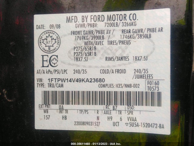 2009 FORD F-150 XL/XLT/FX4/LARIAT VIN: 1FTPW14V49KA23680