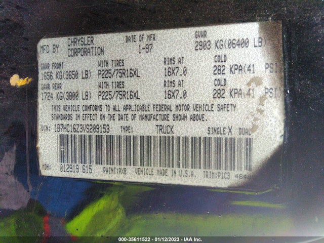 1997 DODGE RAM 1500 VIN: 1B7HC16Z3VS209153