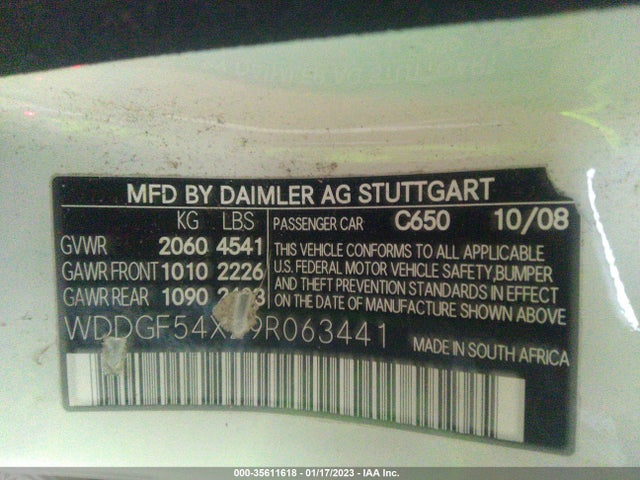 2009 MERCEDES-BENZ C-CLASS 3.0L VIN: WDDGF54X29R063441