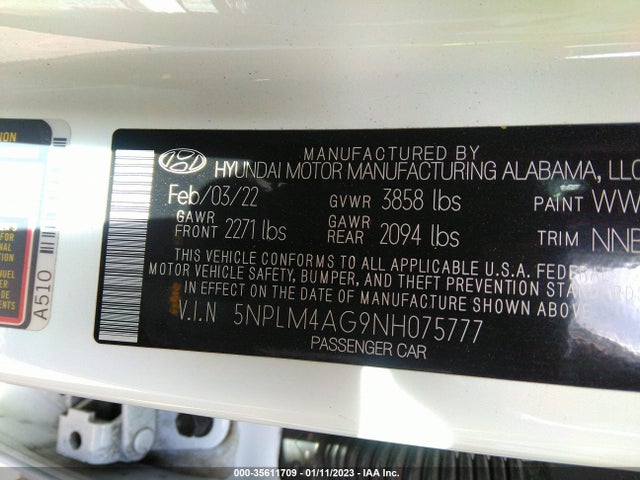 2022 HYUNDAI ELANTRA SEL VIN: 5NPLM4AG9NH075777