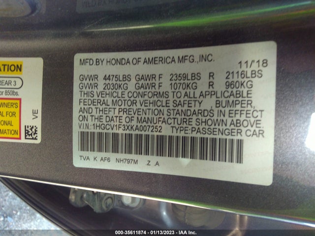 2019 HONDA ACCORD SEDAN SPORT 1.5T VIN: 1HGCV1F3XKA007252