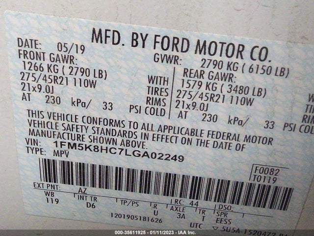 2020 FORD EXPLORER PLATINUM VIN: 1FM5K8HC7LGA02249