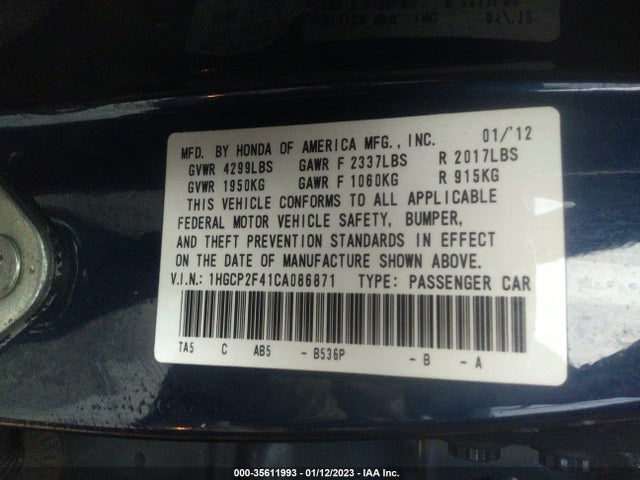 2012 HONDA ACCORD SDN LX PREMIUM VIN: 1HGCP2F41CA086871