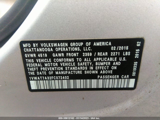 2015 VOLKSWAGEN PASSAT 1.8T LIMITED EDITION VIN: 1VWAT7A32FC072402