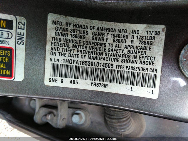 2009 HONDA CIVIC SDN LX VIN: 1HGFA16539L014505