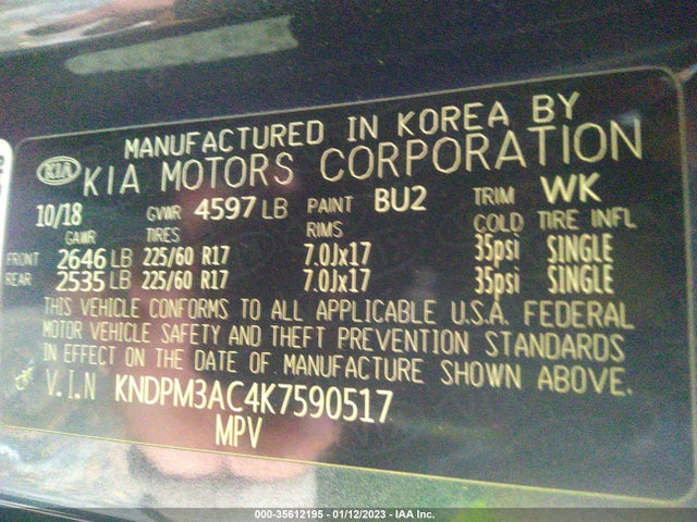 2019 Kia Sportage, VIN: KNDPM3AC4K7590517