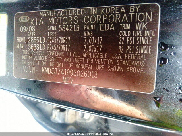 2009 KIA BORREGO LX VIN: KNDJJ741995026013