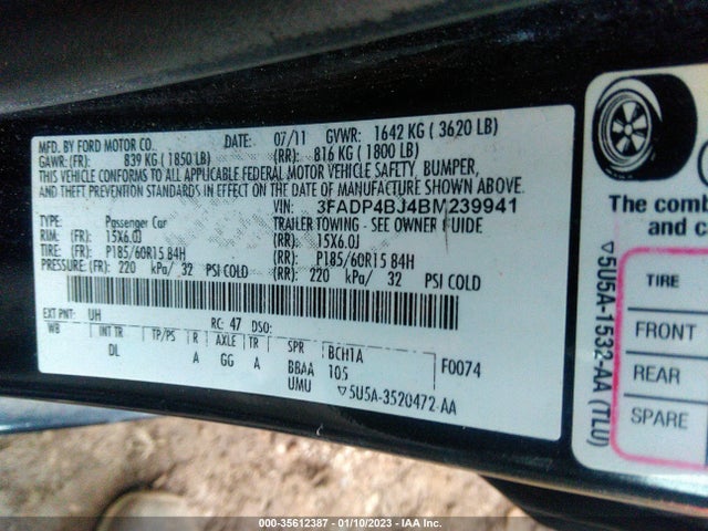 2011 FORD FIESTA SE VIN: 3FADP4BJ4BM239941