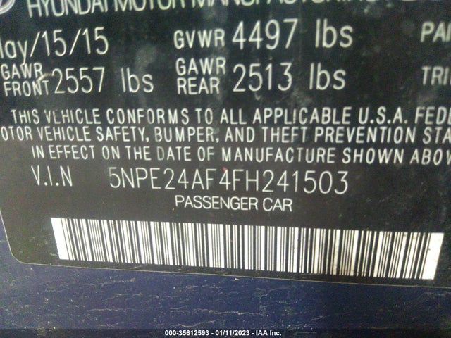 2015 HYUNDAI SONATA 2.4L SE VIN: 5NPE24AF4FH241503