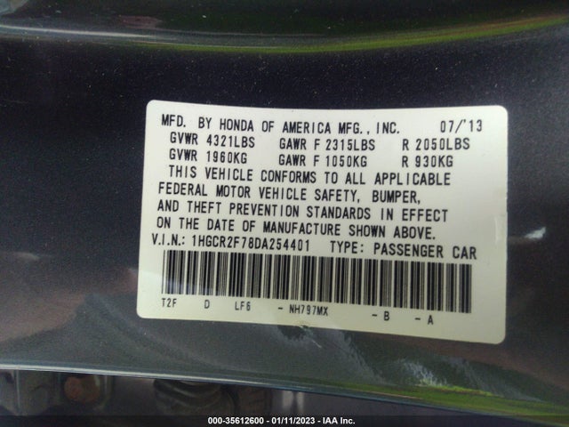 2013 HONDA ACCORD SDN EX VIN: 1HGCR2F78DA254401