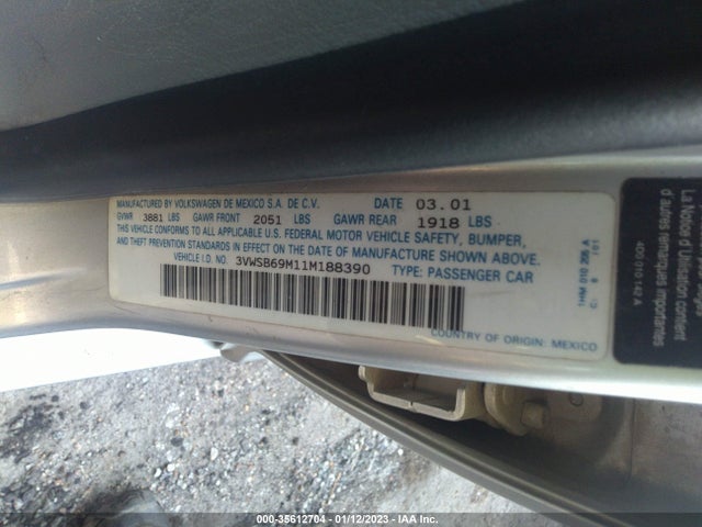 2001 VOLKSWAGEN JETTA GLS VIN: 3VWSB69M11M188390